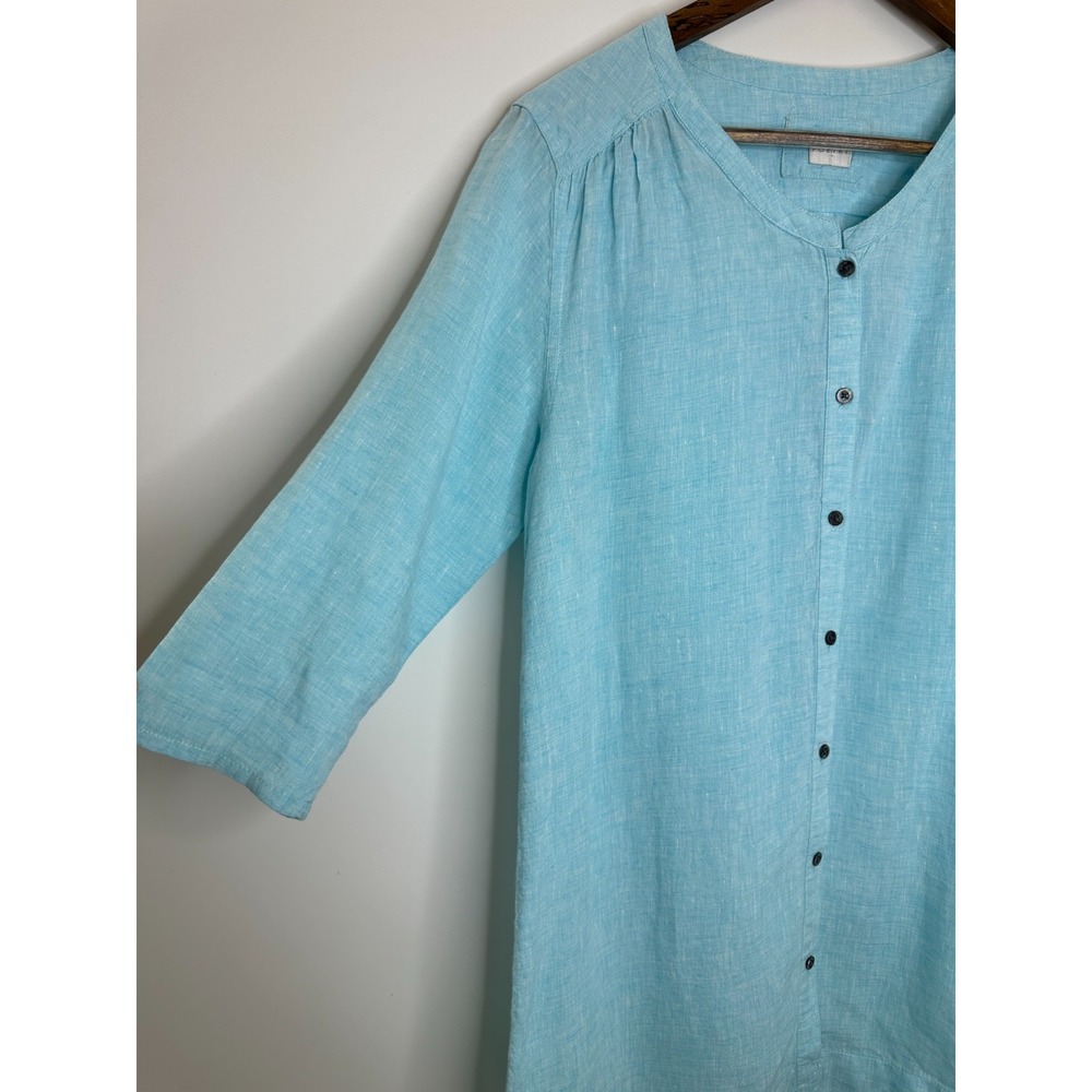 Poetry Linen Button Front Tunic Top V-Neck 3/4 Sleeve Blue Lagonlook Coastal - Picture 3 of 12